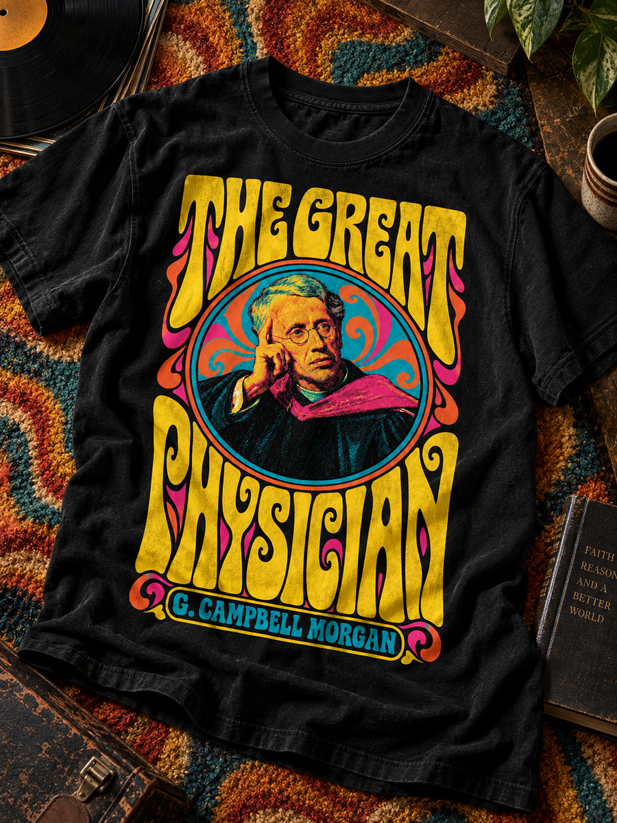Black The Great Physician G. Campbell Morgan graphic tee lifestyle flat lay