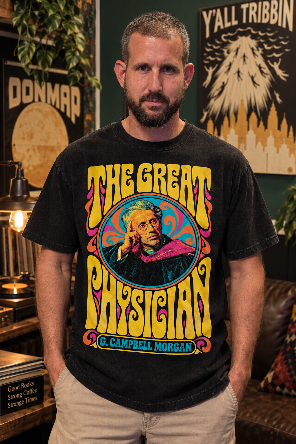 Model wearing black G. Campbell Morgan The Great Physician graphic T-shirt