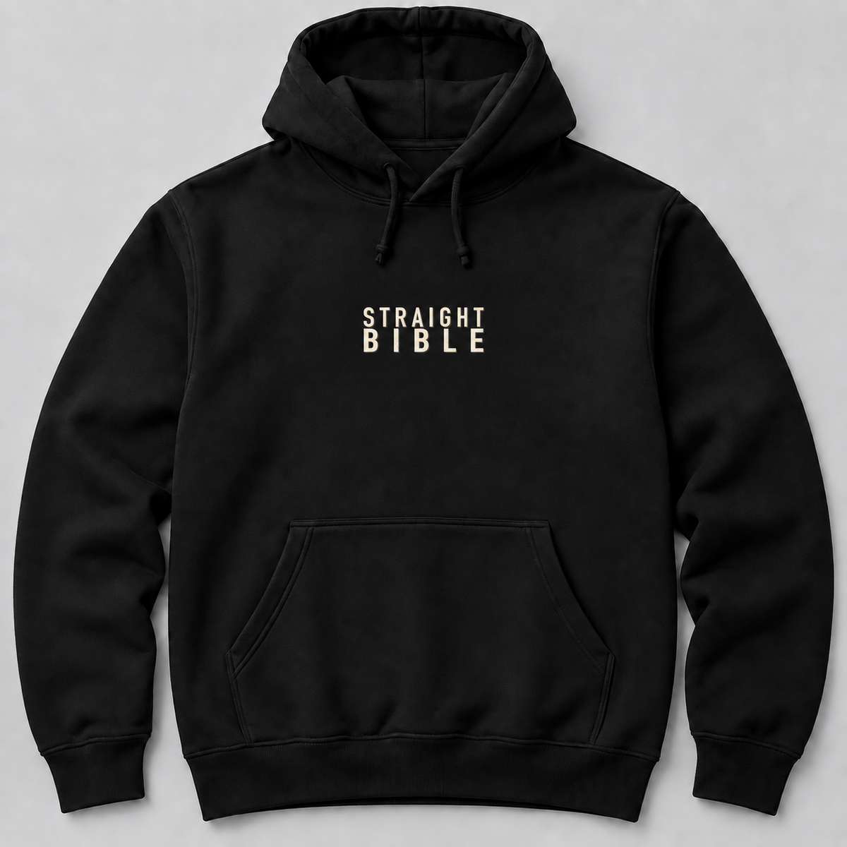 Straight Bible new-logo black pullover hoodie, front view with cream STRAIGHT BIBLE chest text