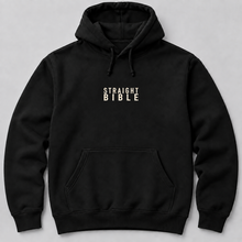 Straight Bible new-logo black pullover hoodie, front view with cream STRAIGHT BIBLE chest text