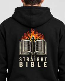 Close-up of the new Straight Bible flaming open Bible back print on a black hoodie
