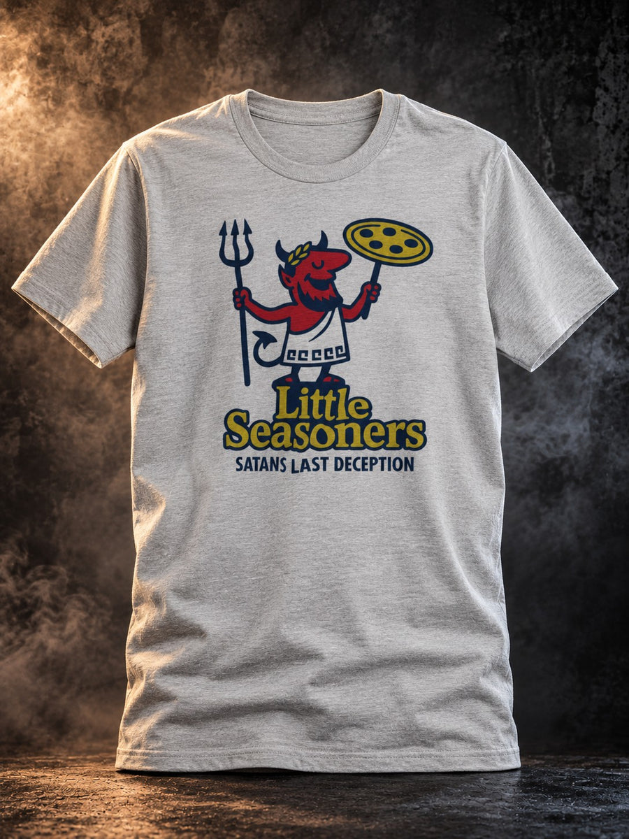 Little Seasoners: Satan's Last Deception tee by Nephilim Death Squad, white tee with red devil and pizza