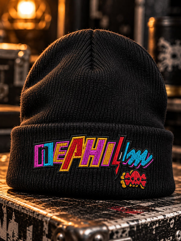 Black Miami Nephilim embroidered cuffed beanie with colorful wordmark