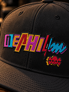 Close-up of neon NEPHILIM wordmark and red skull-and-bones embroidery on the black Miami Nephilim snapback