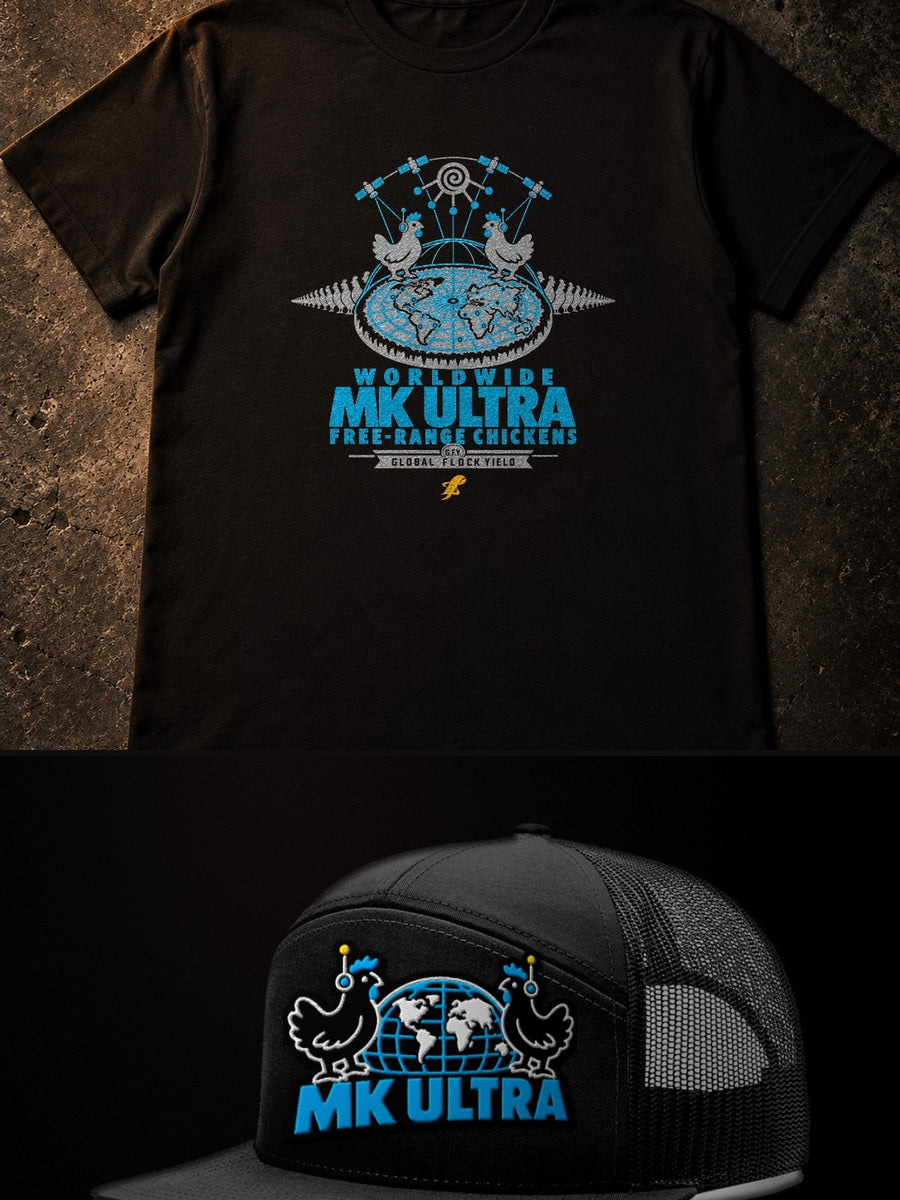 MK Ultra Chickens Pack: Tee + Trucker Hat: bundle of the black MK Ultra Chickens items, real product mockups