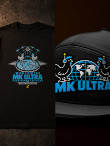 MK Ultra Chickens Pack: Tee + Trucker Hat: bundle of the black MK Ultra Chickens items, real product mockups