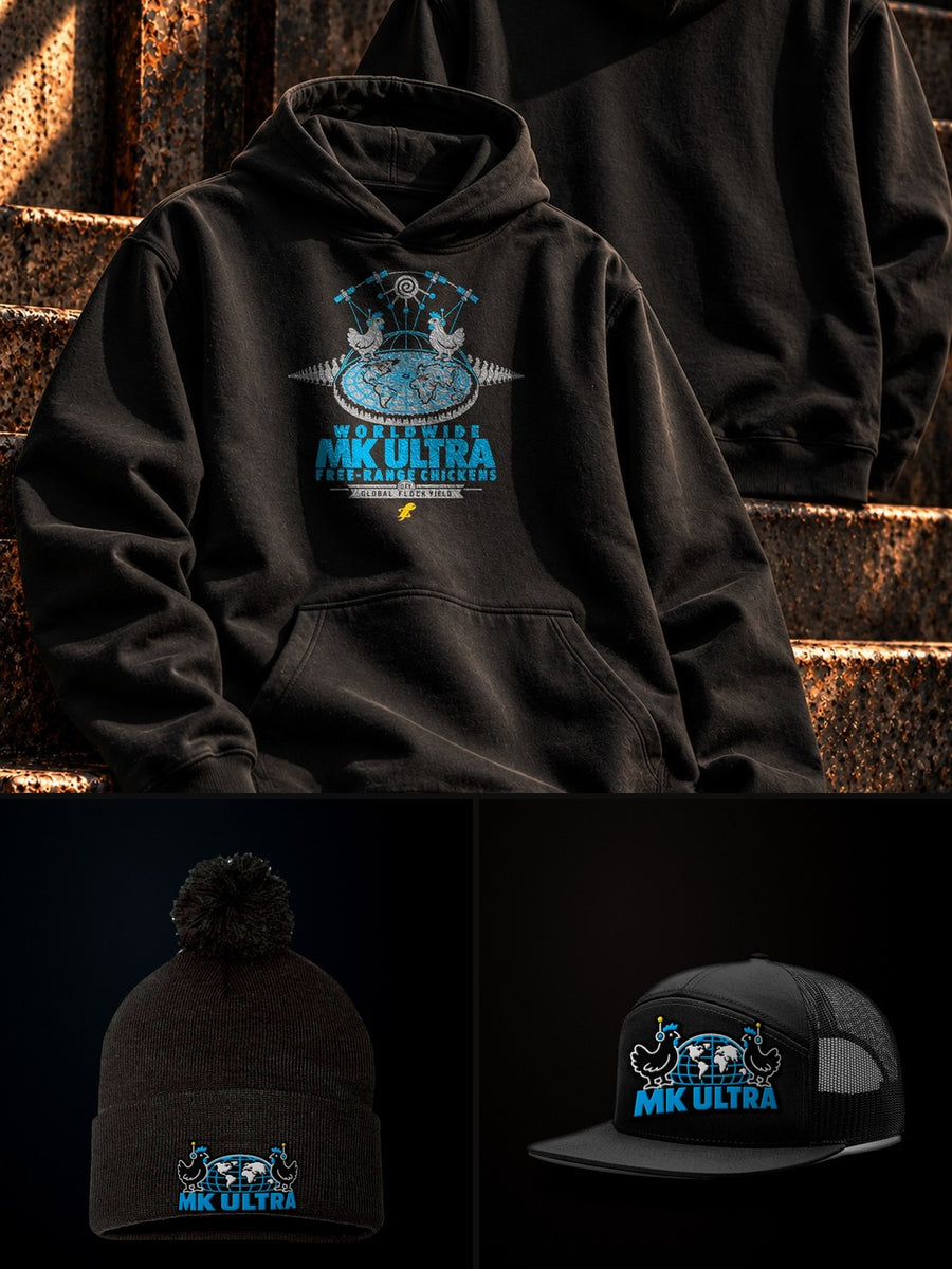 MK Ultra Chickens Winter Pack: Hoodie + Beanie + Trucker Hat: bundle of the black MK Ultra Chickens items, real product mockups