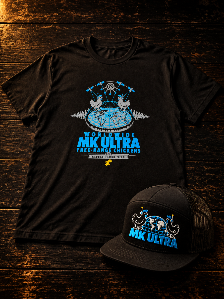 MK Ultra Chickens Pack bundle: black tee and trucker hat with the MK Ultra chickens design, TopLobsta
