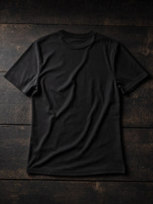 Back view of the black MK Ultra Chickens T-shirt, plain back with the chicken graphic printed on the front only