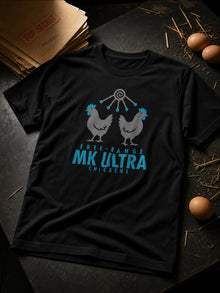 Black MK Ultra Chickens conspiracy T-shirt styled flat lay with declassified files, brown eggs and straw