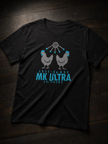 Black MK Ultra Chickens T-shirt by TopLobsta: two grey hens under a teal mind-control antenna with FREE-RANGE MK ULTRA CHICKENS lettering