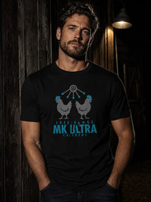 Man wearing the black MK Ultra Chickens T-shirt, free-range mind-control chickens graphic in teal and grey
