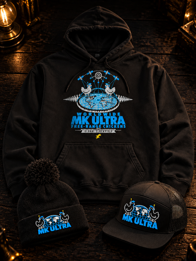 MK Ultra Chickens Winter Pack bundle: black hoodie, pom-pom beanie and trucker hat with the MK Ultra chickens design, TopLobsta