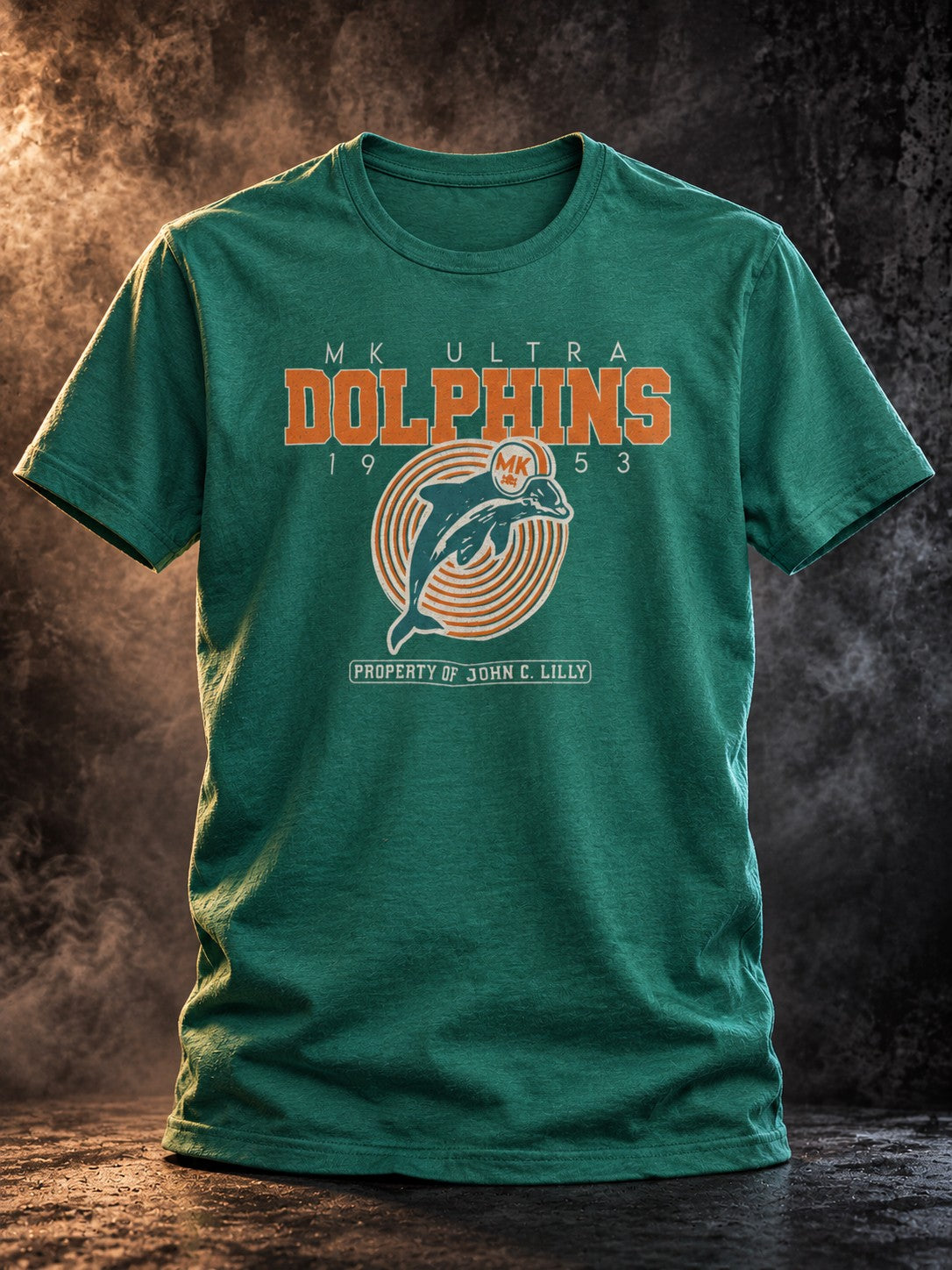 MK Ultra Dolphins T-Shirt by Nephilim Death Squad, green tee with retro orange dolphin logo