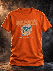 MK Ultra Dolphins tee in Orange - front view mockup