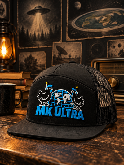 Worldwide MK Ultra Free-Range Chickens trucker hat in black with embroidered headset chickens and globe, TopLobsta
