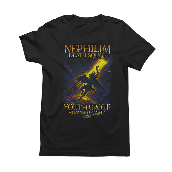 NDS Youth Group Summer Camp 2025 T-Shirt by Nephilim Death Squad – winged nephilim rising into a yellow beam of light in an orange serif frame