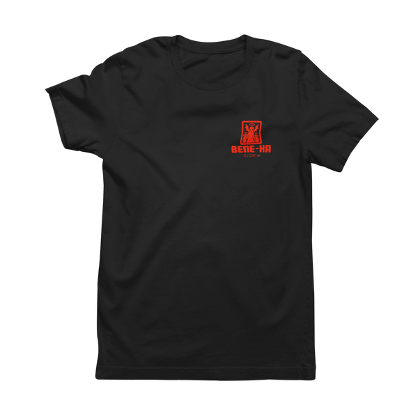 Beneha Elohim T-Shirt by TopLobsta – small red three-eyed winged figure icon on the left chest with BENE-HA ELOHIM text