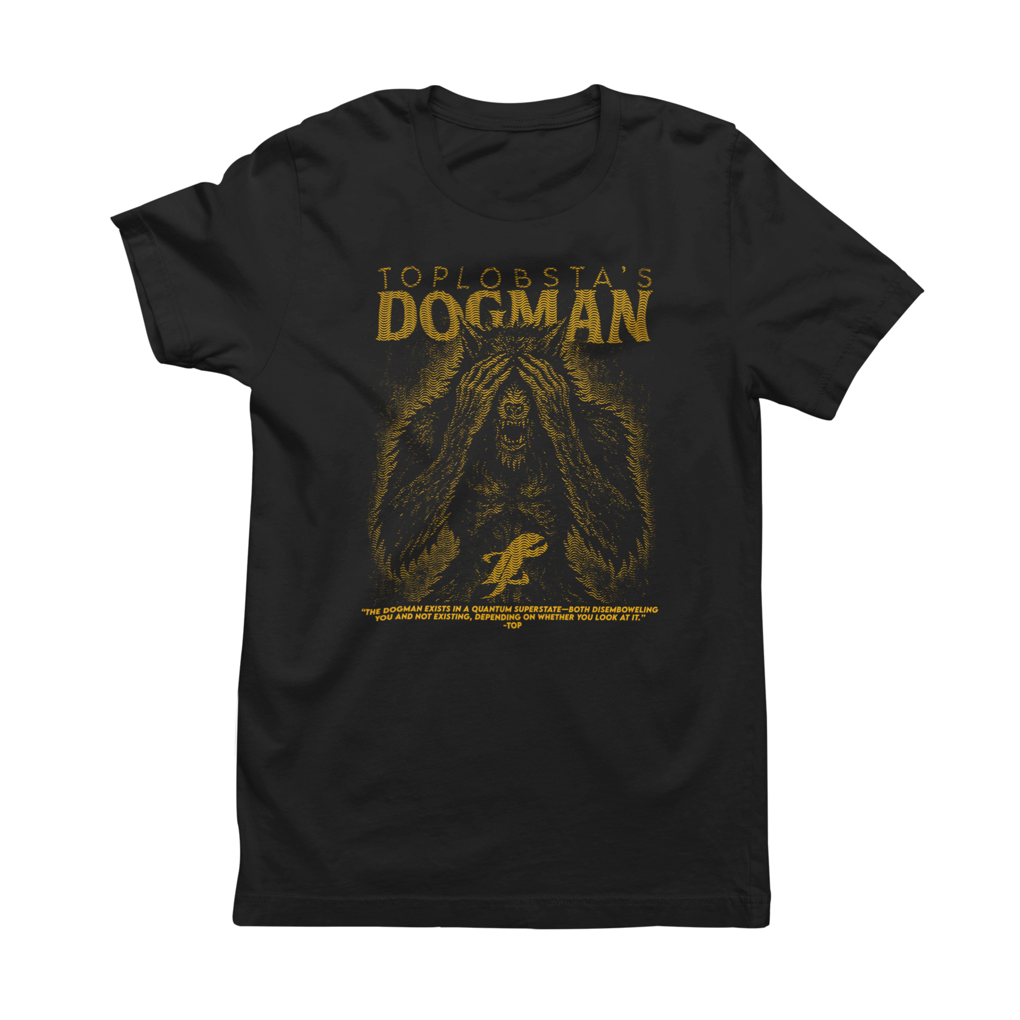 Black t-shirt with 'Dogman' graphic and text on a white background