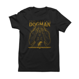 Black t-shirt with 'Dogman' graphic and text on a white background