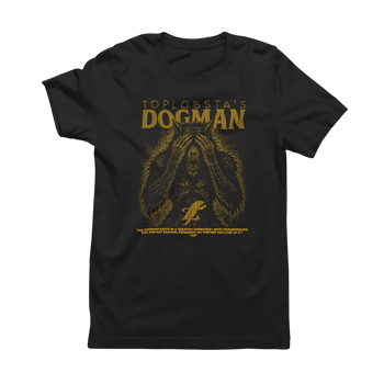 Black t-shirt with 'Dogman' graphic and text on a white background