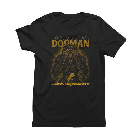Black t-shirt with 'Dogman' graphic and text on a white background
