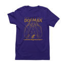 Purple t-shirt with graphic design and text on a white background