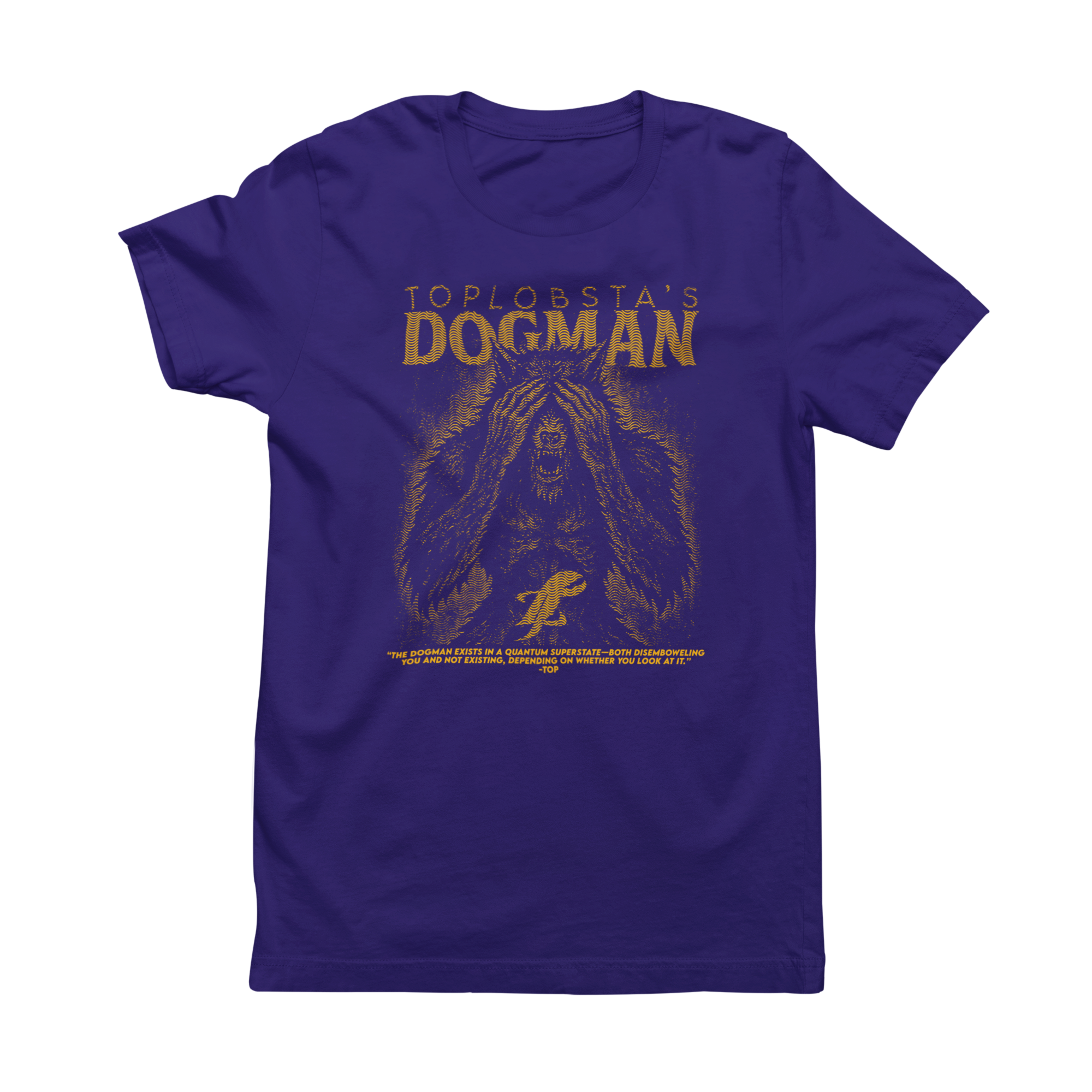 Purple t-shirt with graphic design and text on a white background