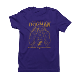 Purple t-shirt with graphic design and text on a white background