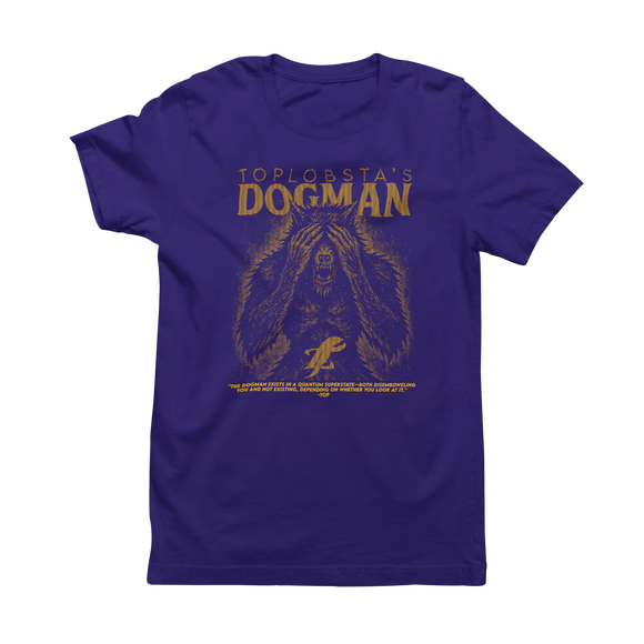 Purple t-shirt with graphic design and text on a white background