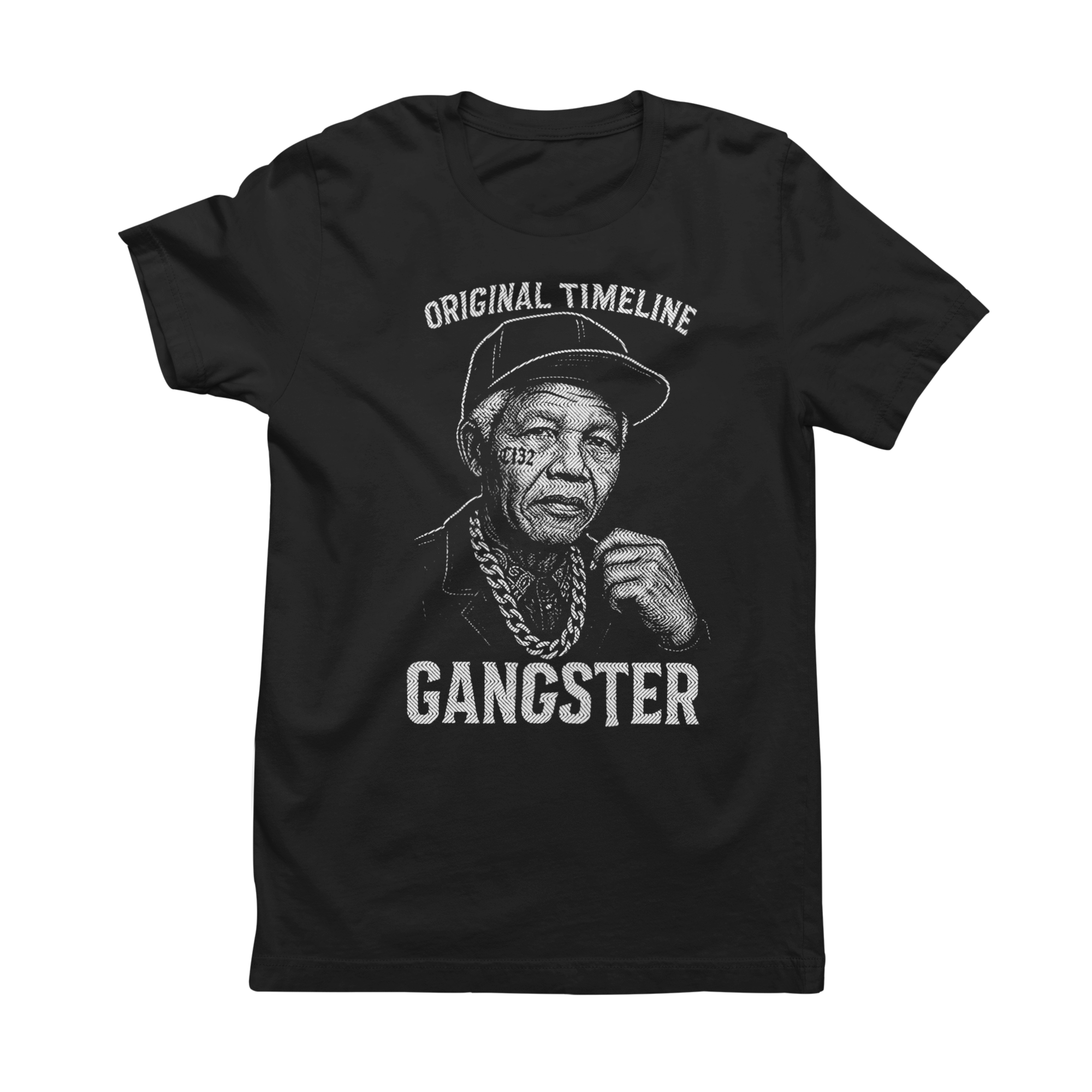 Black t-shirt with graphic design and text on a white background