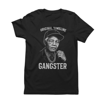 Black t-shirt with graphic design and text on a white background