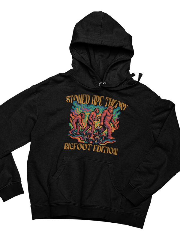 Stoned Ape Theory Hoodie by TopLobsta – psychedelic march of progress ending with Bigfoot among mushrooms, BIGFOOT EDITION