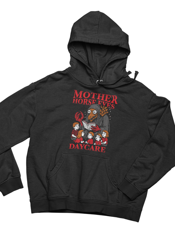 Mother Horse Eyes Daycare Hoodie by TopLobsta – hooded Mother Horse Eyes creature reading The Interface Series to children, red text