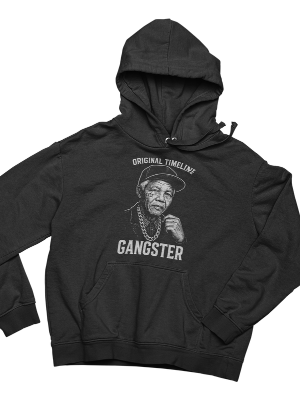 Original Timeline Gangster Hoodie by TopLobsta – stippled Mandela portrait in a cap and curb chain with ORIGINAL TIMELINE GANGSTER text