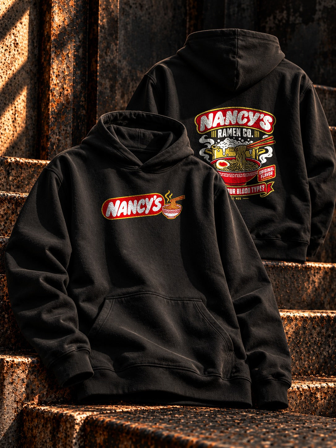 Nancy's Ramen Co. Hoodie by Nephilim Death Squad: black hoodie front and back print