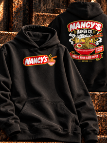 Nancy's Ramen Co. Hoodie by Nephilim Death Squad: black hoodie front and back print