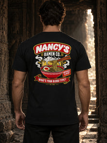 Nancy's Ramen Co. T-Shirt by TopLobsta: black tee back print worn by model