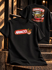 Nancy's Ramen Co. T-Shirt by TopLobsta: black tee front and back print mockup