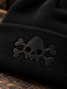 NDS skull logo tonal embroidery detail on black cuffed beanie