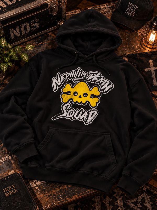 Nephilim Death Squad Logo Hoodie in black, Tultex flat lay with the NDS skull logo