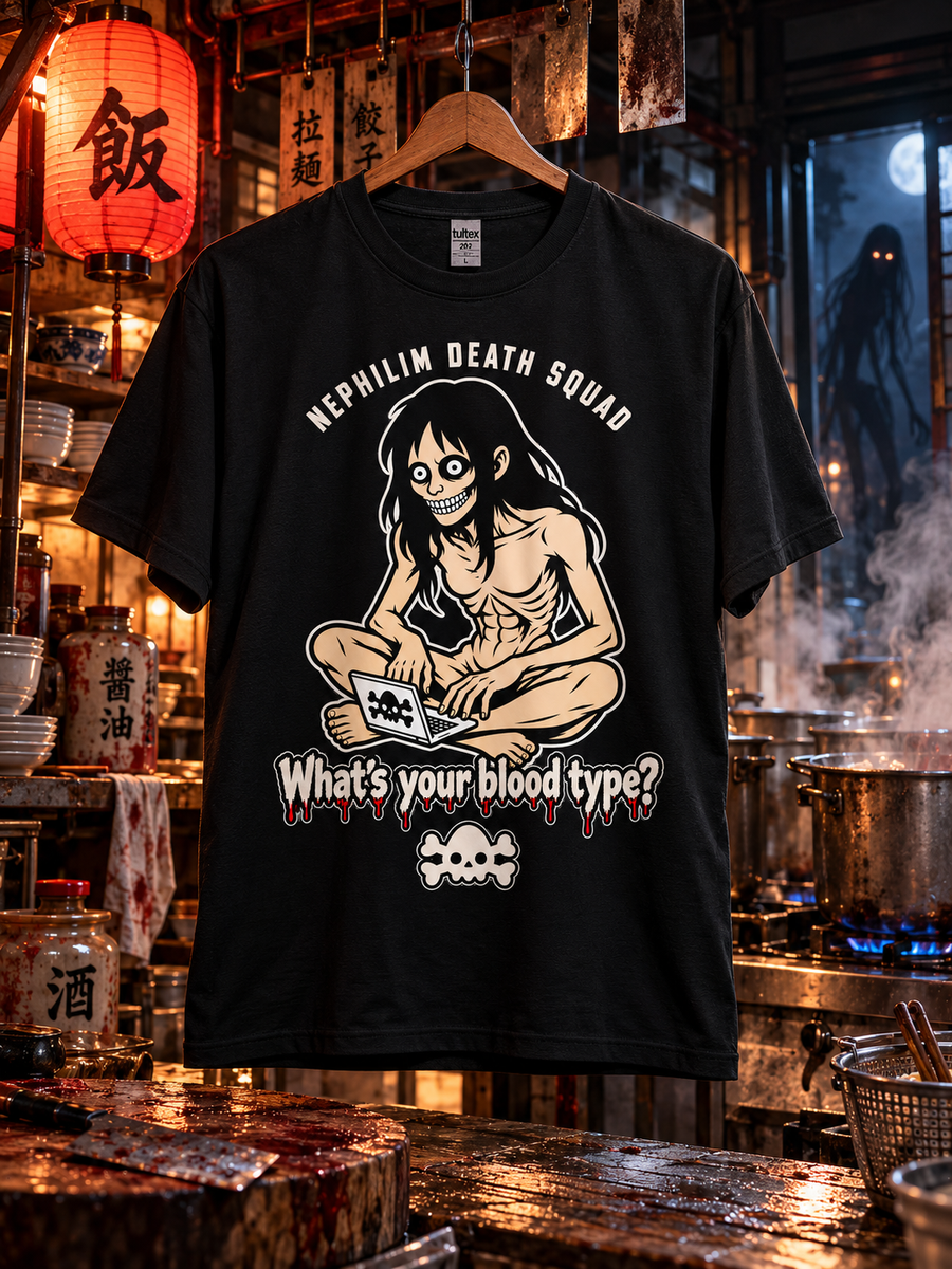 NDS What's Your Blood Type tee, black, hanging in a creepy kitchen with boiling pots and a skinwalker in the doorway
