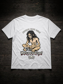 White NDS What's Your Blood Type? Tee (Tultex 202) flat lay on dark wood: NEPHILIM DEATH SQUAD arched over a gaunt long-haired figure grinning over a laptop, the dripping red What's your blood type? headline and a cream skull and crossbones, printed center chest