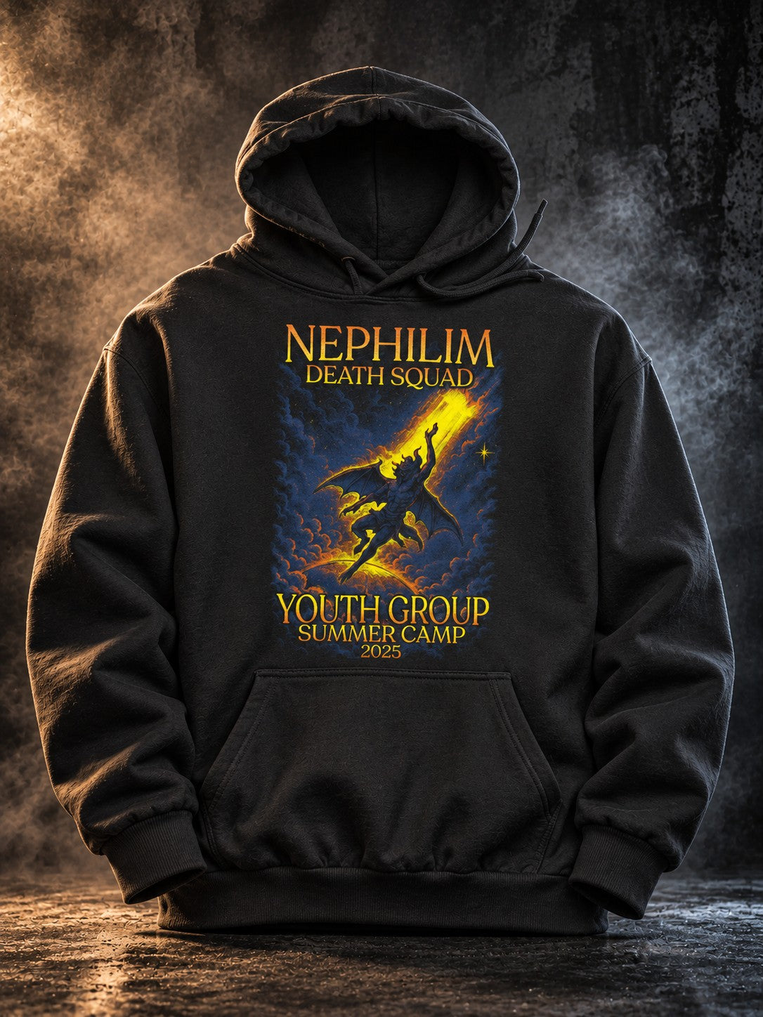 NDS Youth Group Summer Camp 2025 hoodie by Nephilim Death Squad, black pullover with yellow camp graphic