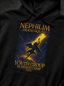 Close-up of the NDS Youth Group Summer Camp 2025 print on a black hoodie: winged nephilim rising into a yellow beam inside an orange frame