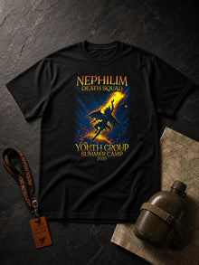 Black NDS Youth Group Summer Camp 2025 T-shirt styled flat lay with a camp lanyard, canteen and camp map, winged nephilim rising into a yellow beam