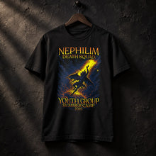 Black NDS Youth Group Summer Camp 2025 T-Shirt: winged nephilim in a yellow beam of light, hung on a hanger, editorial shot