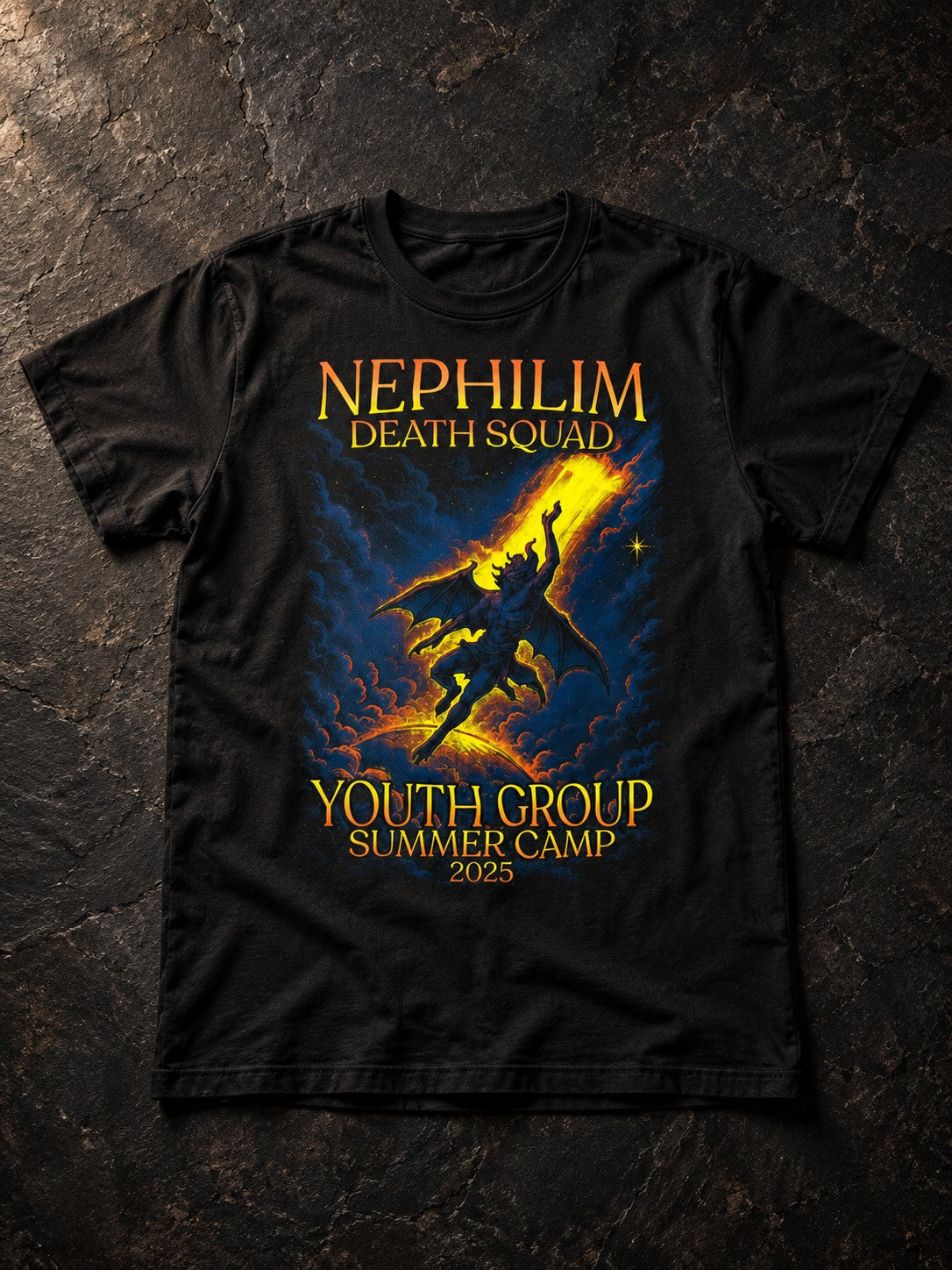 NDS Youth Group Summer Camp 2025 T-Shirt by Nephilim Death Squad: black tee with winged nephilim in a yellow light beam
