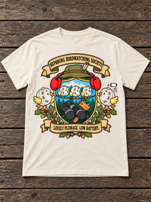 Nephy Co. Nephburg Birdwatching Society T-Shirt – natural flat lay