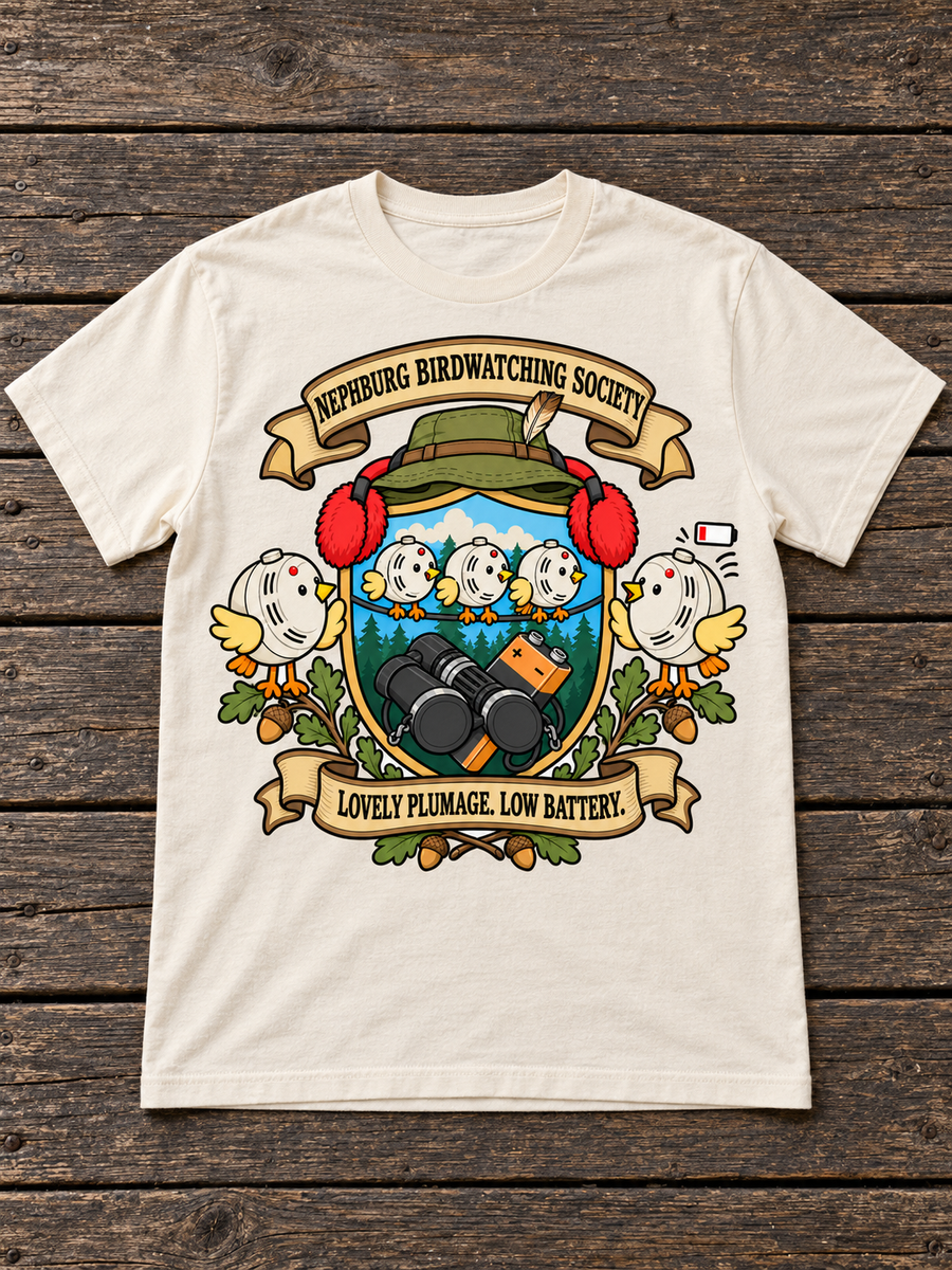 Nephy Co. Nephburg Birdwatching Society T-Shirt – natural flat lay
